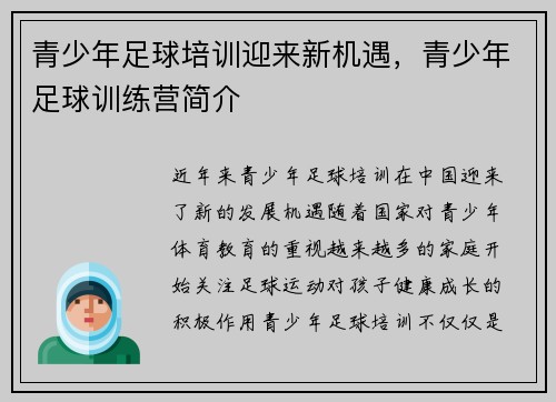 青少年足球培训迎来新机遇，青少年足球训练营简介